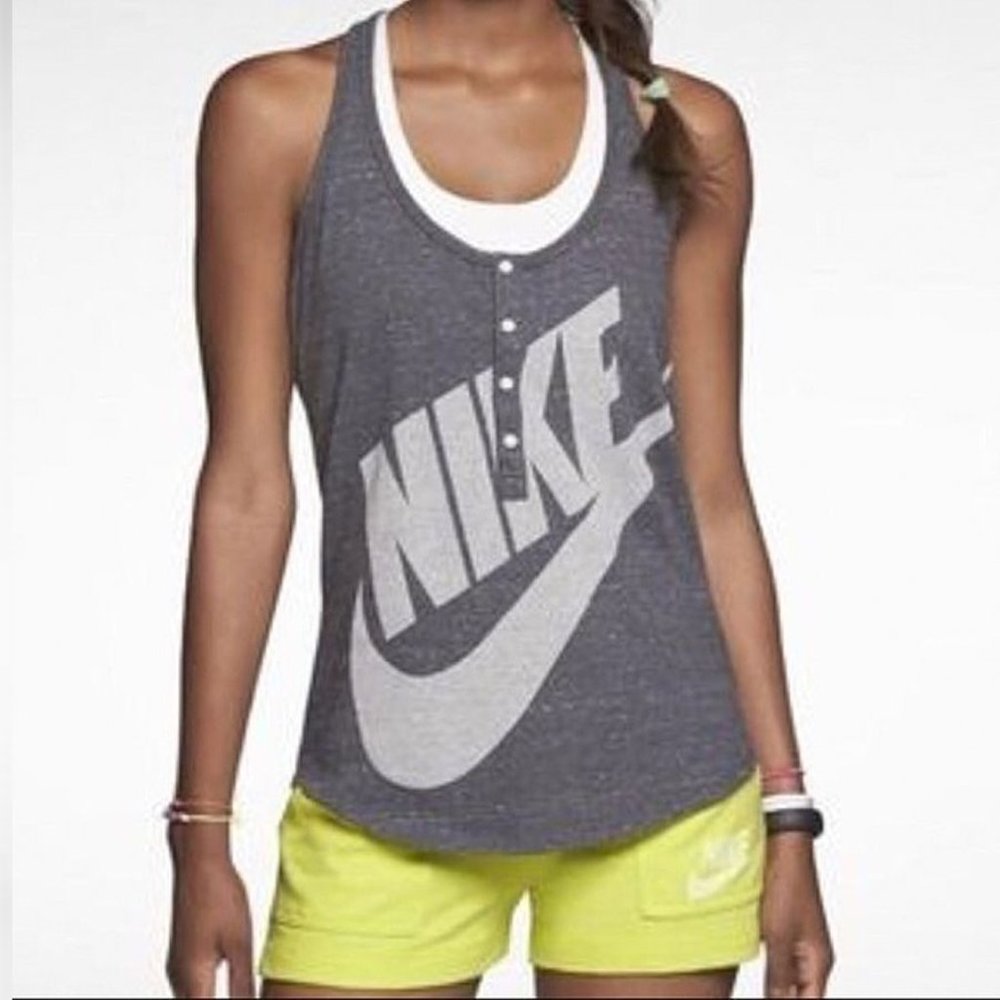 NIKE Gray Logo Henley Racerback Gym Vintage Tank‎ Sz S